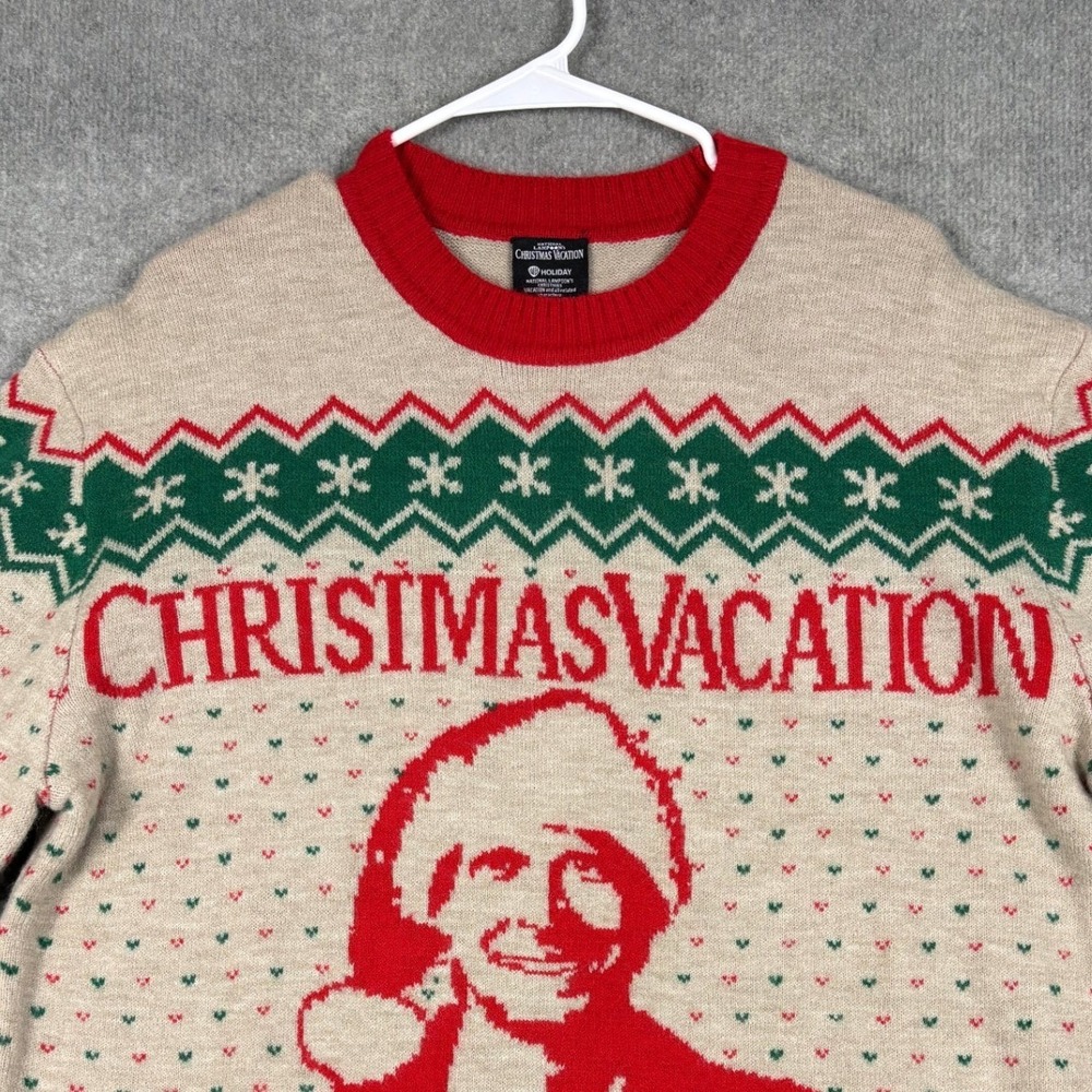 National Lampoon's Christmas Vacation Clark Griswold Sweater L Tan Red Green - Picture 3 of 9